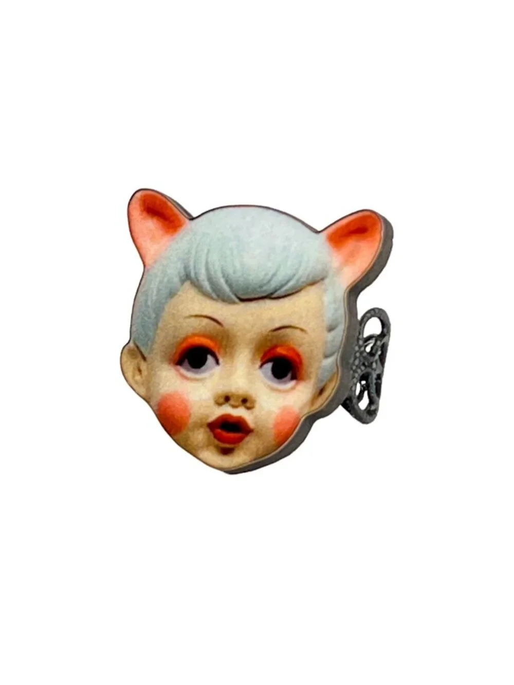 Quirky Retro Kitschy Ceramic Doll Cat Boy Wooden Ring Adjustable